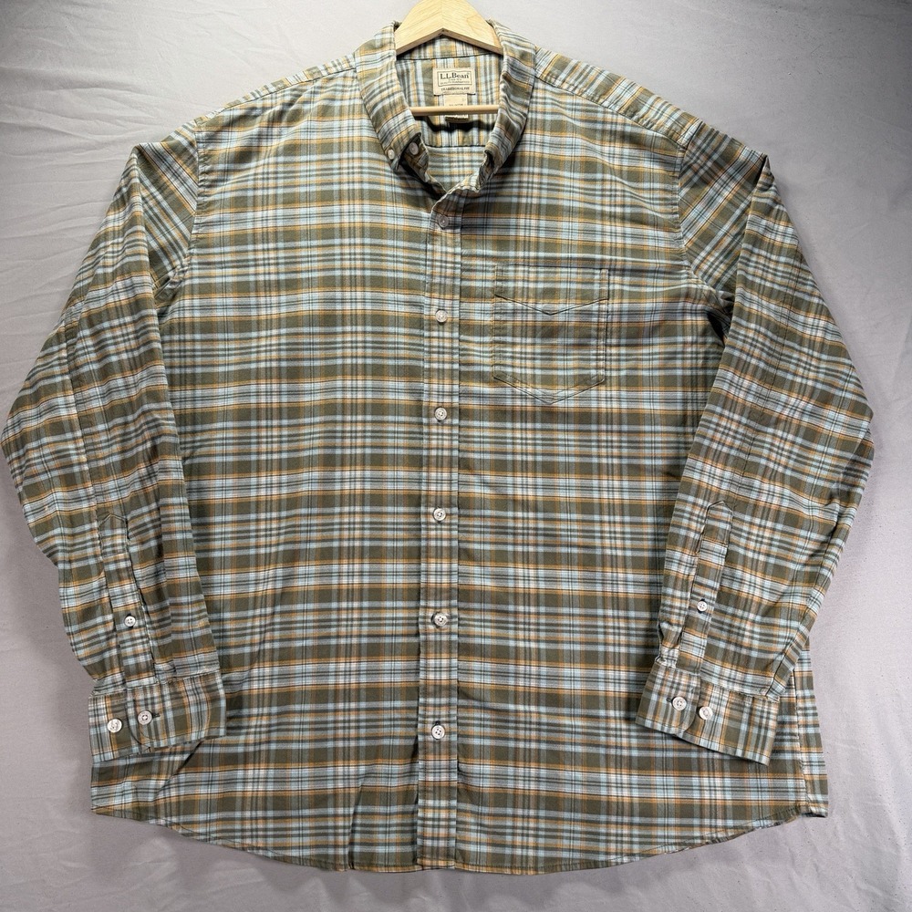 LL Bean Shirt Mens XL Green Plaid Long Sleeve Stretch Oxford Button Down Cotton